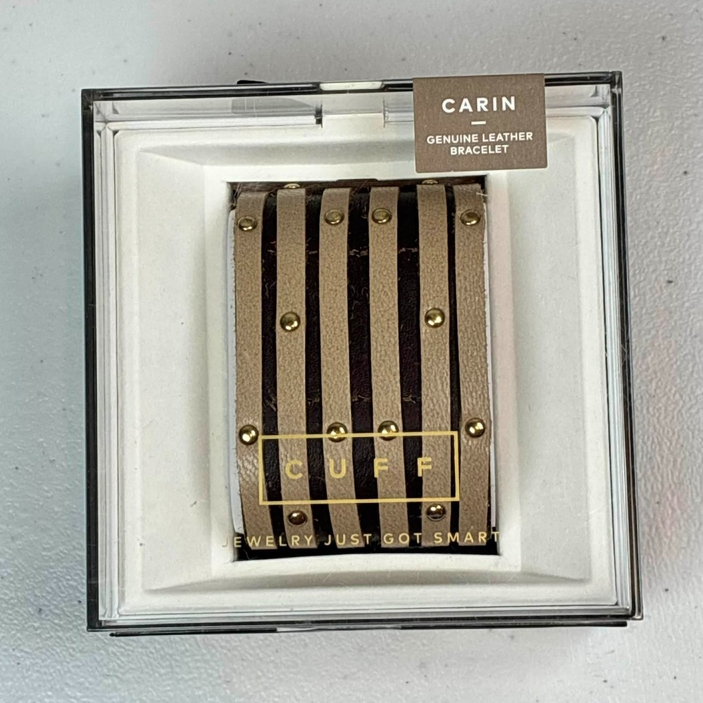 CARIN Genuine Leather Cuff Smart Bracelet‎ Fawn Brown Gold Studded Wide Band NWT